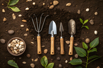 Garden tools flat lay on neutral background, shovel, rake, pruning shears, clean composition, copy space