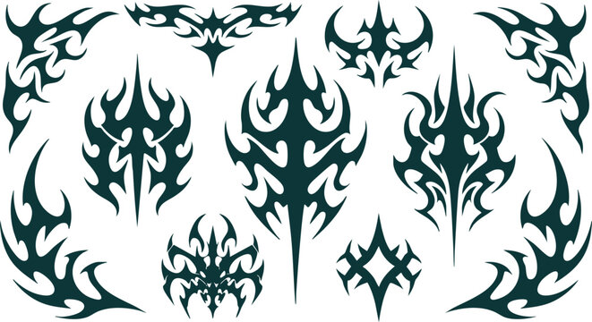 Aggressive tribal and dark fantasy spike motifs in solid black silhouette collection, gothic tribal tattoo art for tattoos, fantasy logos, weapon decals, dark branding, and heavy metal graphic design.