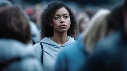 Fototapeta premium Young woman standing alone in a moving crowd, symbolizing isolation, anxiety, and emotional disconnect in modern society. 