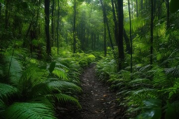 Fototapeta premium Dense green forest with tall trees and lush ferns lining a narrow dirt path under filtered sunlight creating a peaceful natural scene