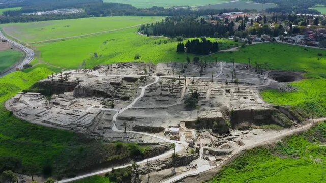 Ancient Tel Megiddo Archaeological Site, Cinematic Drone Aerial View of Biblical Armageddon Hill in Jezreel Valley