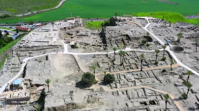 Ancient Tel Megiddo Archaeological Site Ruins in Jezreel Valley&mdash;Drone Aerial View of Biblical Armageddon Landmark