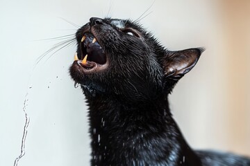 Wet black cat with mouth wide open revealing sharp fangs and dripping water, intense hissing expression in a close-up portrait showing wet fur and whiskers
