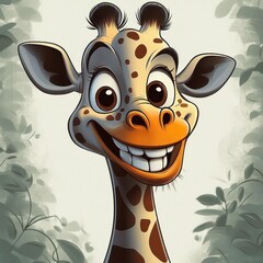 Cheerful cartoon giraffe with big eyes smiling widely surrounded by green leaves and light background