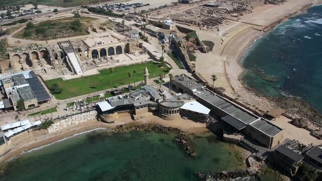 Aerial view of the ancient Roman city ruins and harbor of Caesarea Maritima on the Mediterranean coast