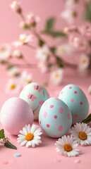 Fototapeta premium Pastel decorated eggs with pink and blue polka dots and butterfly patterns arranged with white daisies and soft pink blossoms conveying a gentle cheerful springtime mood