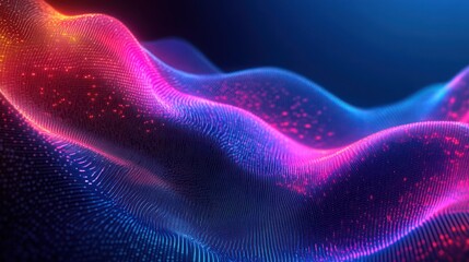 Fototapeta premium Undulating neon particle mesh of glowing pink, purple and blue waves over a dark background, futuristic and mesmerizing
