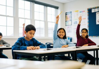 Fototapeta premium Diverse young students actively participating in a classroom lesson with hands raised.