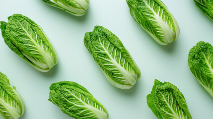 Fototapeta premium Fresh napa cabbage heads arranged in a repeating pattern on a soft green background, emphasizing freshness and healthy plant-based food. 