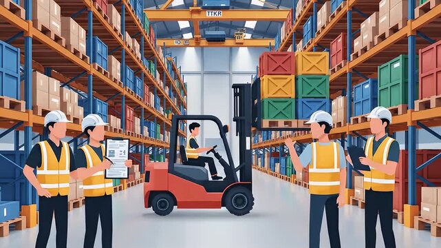 A video showcasing warehouse workers discussing logistics in a busy storage facility