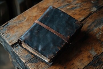 Old worn leather-bound book with brown strap resting on rustic wooden table