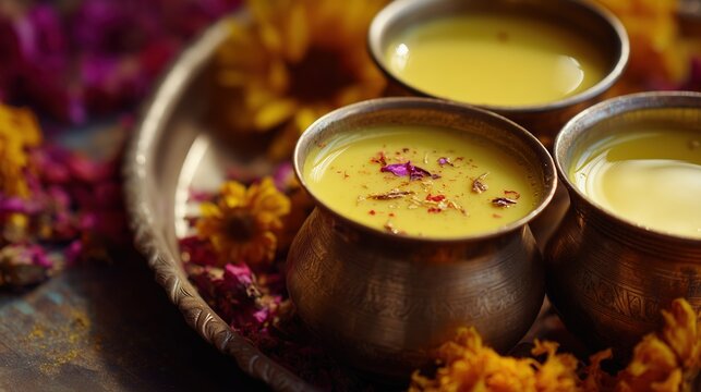 Traditional Indian bhang thandai with saffron and rose petals