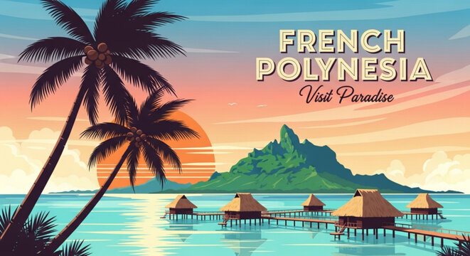 Vibrant french polynesia island resort at sunset with palm trees and huts over turquoise ocean water