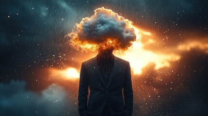 Fototapeta premium man in dark suit with a fiery cloud for a head standing in rain, glowing sparks and stormy light evoking turmoil and introspection