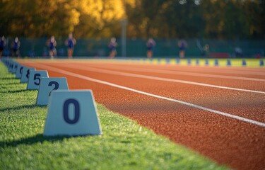 sunlit red athletics track with numbered lane markers on green grass and blurred runners in the distance conveying anticipation and focus