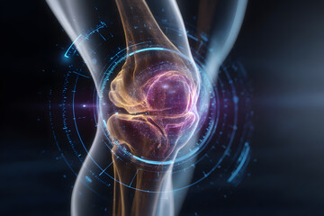 Knee joint with digital technology and data visualization on a dark background
