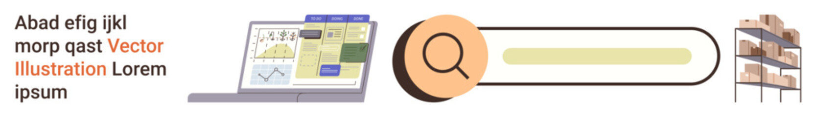 Data management, information retrieval, inventory organization, digital tools, online research, storage solutions. Laptop displaying charts, search bar warehouse shelves. Data management © robu_s