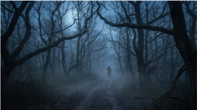 Eerie dark forest path covered in thick fog at twilight with twisted trees and blue moonlight.