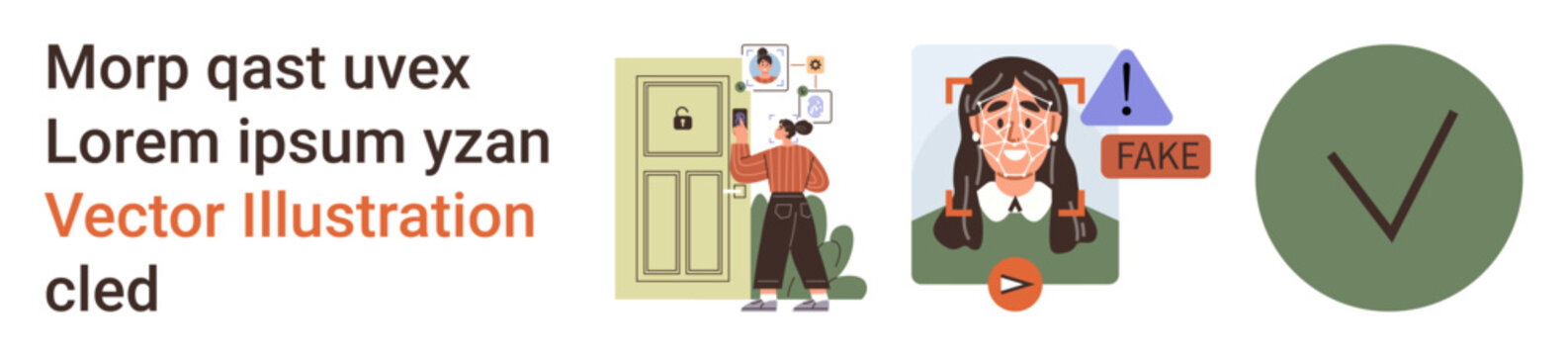 Identity authentication, fraud detection, online security, data privacy, fake content detection, trust verification. Person verifying ID, warning about fake content approval checkmark. Identity