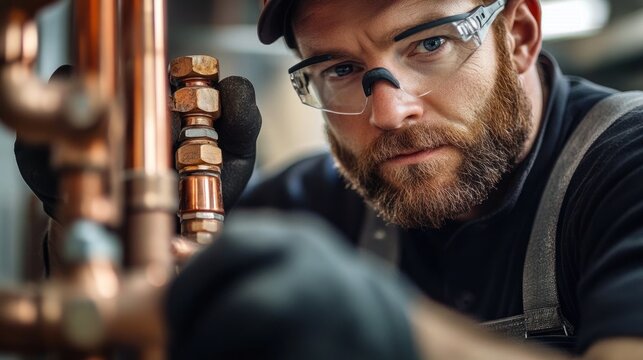 focused male plumber wearing protective glasses inspecting copper pipes and fittings during repair work