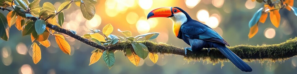 Naklejka premium Colorful toucan perched on mossy branch with golden leaves and warm glowing bokeh sunlight creating a serene, tranquil atmosphere