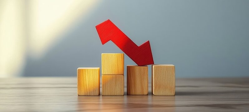 Wooden blocks arranged in ascending order with a red downward arrow indicating decline or decrease on a smooth surface against a plain background