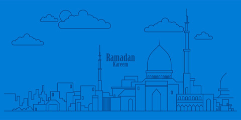 Ramadan Kareem background in line art style. Modern linear Islamic greeting card template and wallpaper design. Poster and media banner vector illustration