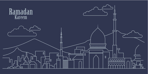 Ramadan Kareem background in line art style. Modern linear Islamic greeting card template and wallpaper design. Poster and media banner vector illustration