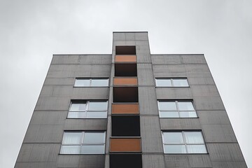 Upward view of austere gray apartment tower with symmetrical windows and recessed brown balconies under overcast sky