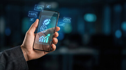 Smartphone displaying sports betting icons including a trophy, ball, and upward graph on a dark background.
