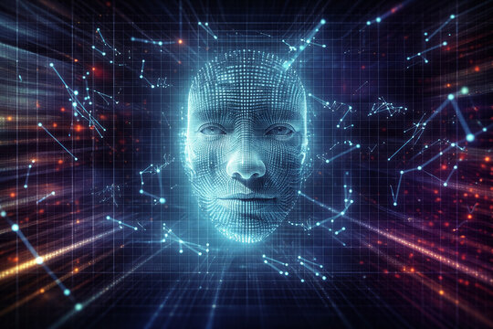AI generated futuristic digital human face with glowing neural network lines data nodes and cyber grid background symbolizing artificial intelligence big data and machine learning technology