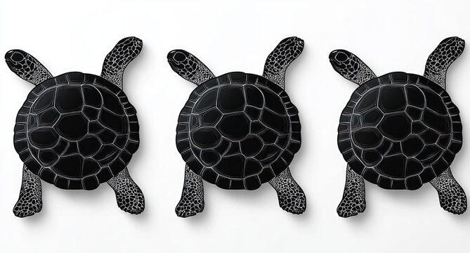 Three minimalist black sea turtles seen from above on a white background, calm symmetrical repetitive pattern and modern graphic aesthetic