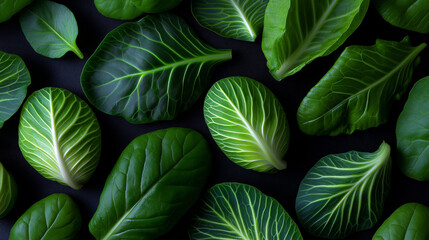 Obraz premium Close-up of fresh green leafy vegetables with visible veins creating a vibrant natural texture. 