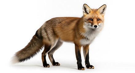 Fototapeta premium Captivating Red Fox Portrait on Pristine White Background, Showcasing its Vibrant Fur and Alert Gaze in a Detailed Studio Shot