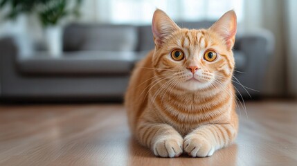 Obraz premium Curious orange tabby cat with wide amber eyes lying on a wooden floor in a cozy living room near a sofa and houseplant, calm and attentive expression