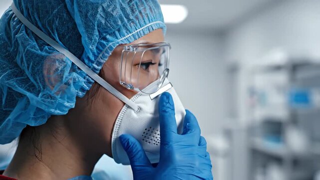 Close-up of a healthcare worker in a sterile environment wearing a bouffant cap, safety goggles, and a respirator mask for protection