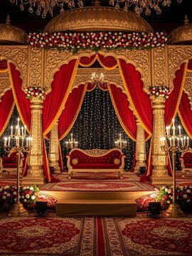 Opulent indian wedding mandap adorned with flowers and majestic decor