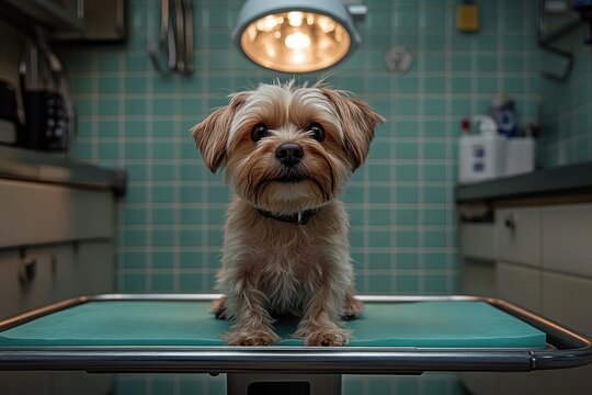 small cute dog with shaggy fur sitting on a teal examination table under a bright overhead lamp in a clinical room with teal tiled walls and white cabinets
