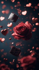 Pink roses with chocolate hearts floating. Concept of romance and pleasure.