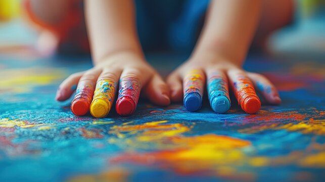 child's paint-covered fingers pressed on a vibrant painted surface, colorful messy finger painting conveying playful creative joy
