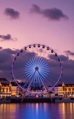 Fototapeta premium Purple sky, glowing Ferris wheel over waterfront town at twilight.
