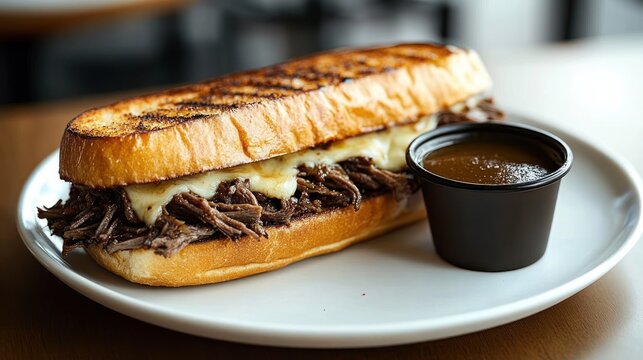 Toasted sandwich filled with shredded beef and melted cheese served with a cup of au jus on a white plate, warm and comforting