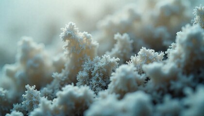 Macro view of delicate, intricate white and pale blue fibrous structures resembling dried leaves or coral, with soft, diffused lighting.
