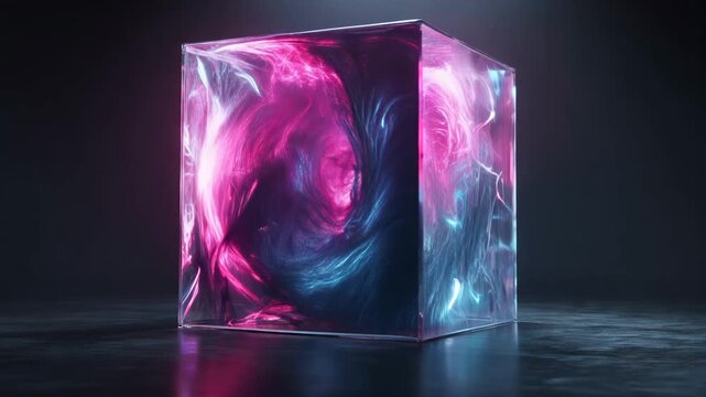 Glowing pink and blue cube with swirling neon lights inside a dark room