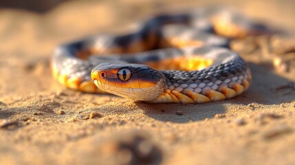 Fototapeta premium coiled sunlit snake with patterned scales resting on warm sandy ground, alert watchful gaze