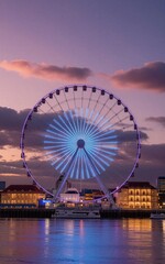 Fototapeta premium Purple sky, glowing Ferris wheel over waterfront town at twilight.