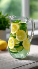 Fototapeta premium Fresh homemade lemonade with lemon slices and mint leaves served in a glass and pitcher on a bright kitchen table. 