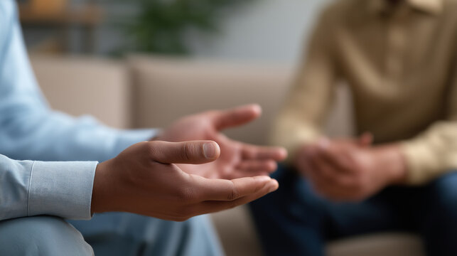 Person gesturing with open hands during a therapy or counseling session in a calm indoor setting.
