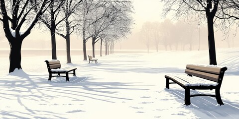 A park with two benches and trees covered in snow
