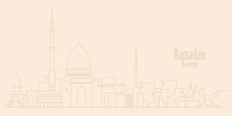 Ramadan Kareem background in line art style. Modern linear Islamic greeting card template and wallpaper design. Poster and media banner vector illustration